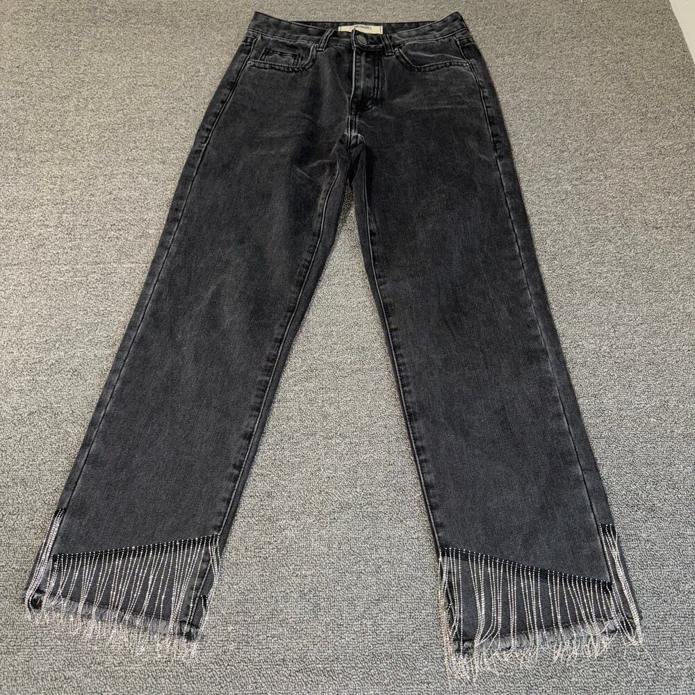 Rock & Roll Denim Ladies‎ High Rise Chain Fringe Straight Cropped Jeans Size W25